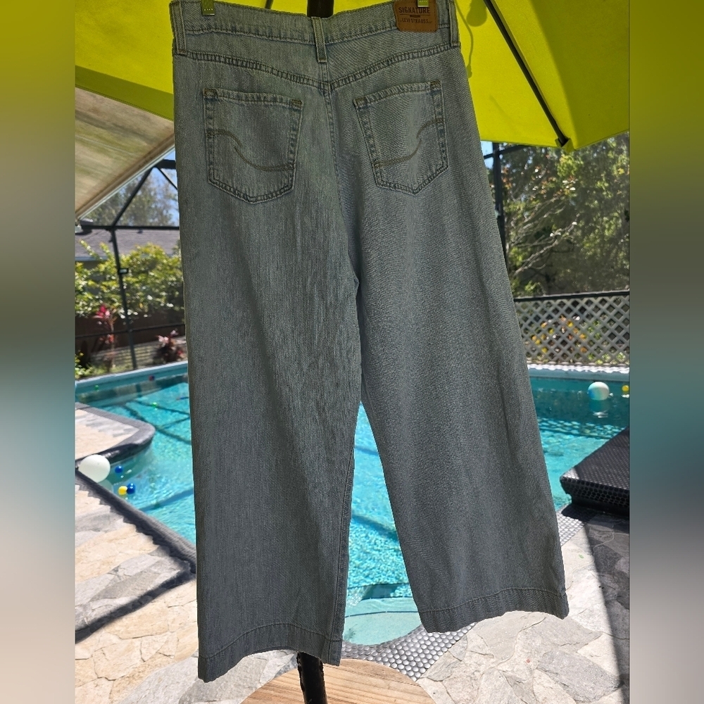 Signature Levis Strauss Gold Heritage Wide Leg Mid Rise Stretch Blue Jeans - Picture 10 of 12